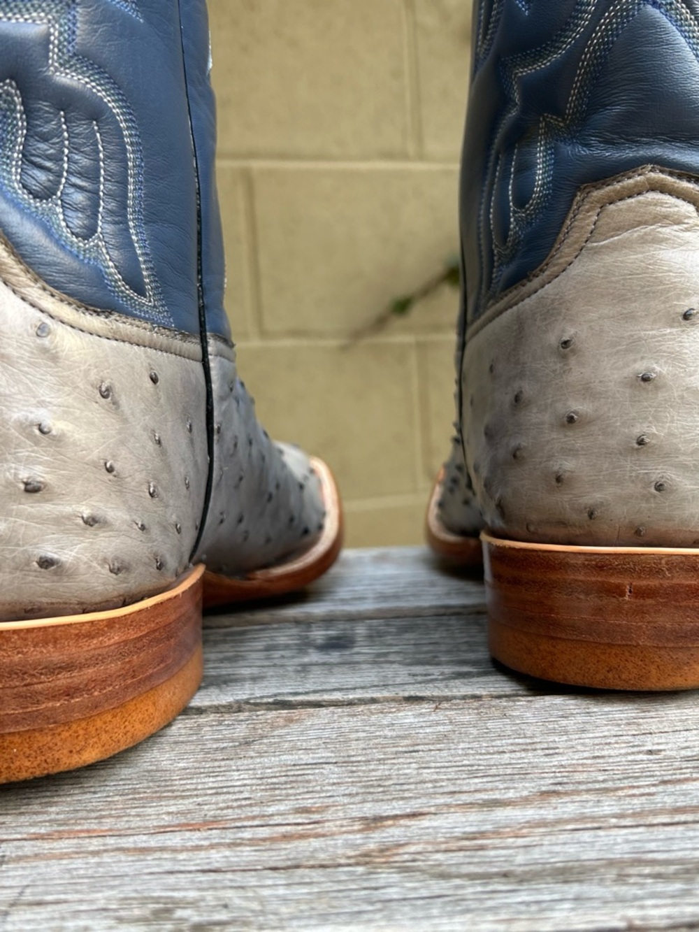 Handmade Gray Ostrich & Blue Square Toe Cowboy Boots Size 10D - Picture 4 of 15